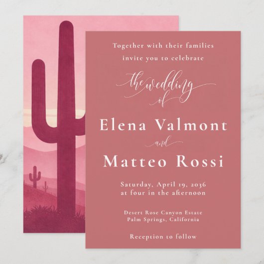 Pink Desert Sunset Wedding Invite – Boho Southwest 招待状 (正面/裏面)