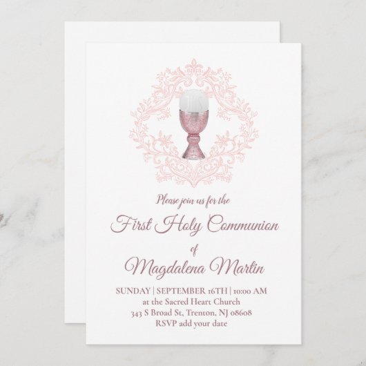 pink design First Communion girl 招待状 (正面/裏面)