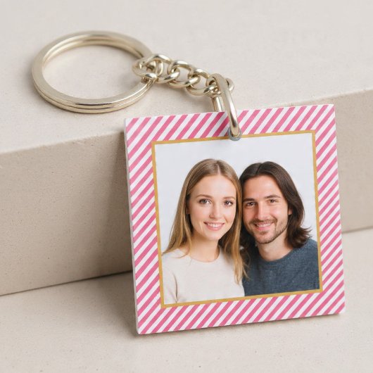 Pink Diagonal Stripe Photo Frame キーホルダー