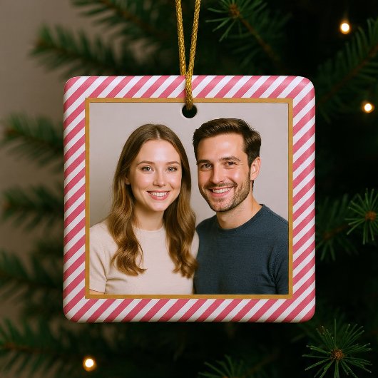 Pink Diagonal Stripe Photo Frame セラミックオーナメント