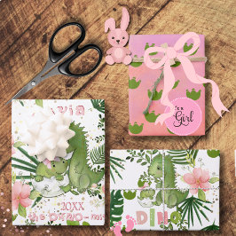 Pink Dino & Tropical Leaves Custom Gift Wrap ラッピングペーパーシート