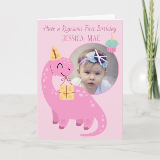 Pink Dinosaur 1st Birthday Card カード (正面)