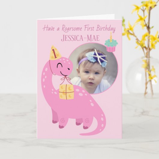 Pink Dinosaur 1st Birthday Card カード (黄色い花)