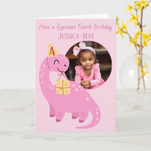 Pink Dinosaur 4th Birthday Card カード (黄色い花)