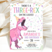 Pink Dinosaur Birthday Invitation Editable Three 3 招待状