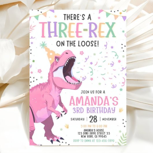 Pink Dinosaur Birthday Invitation Editable Three 3 招待状