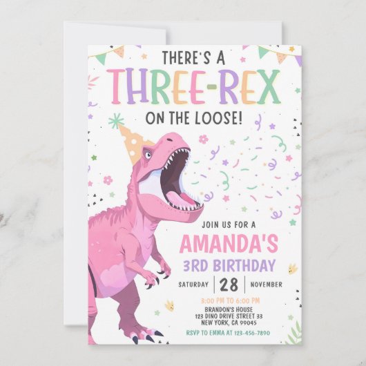 Pink Dinosaur Birthday Invitation Editable Three 3 招待状 (正面)