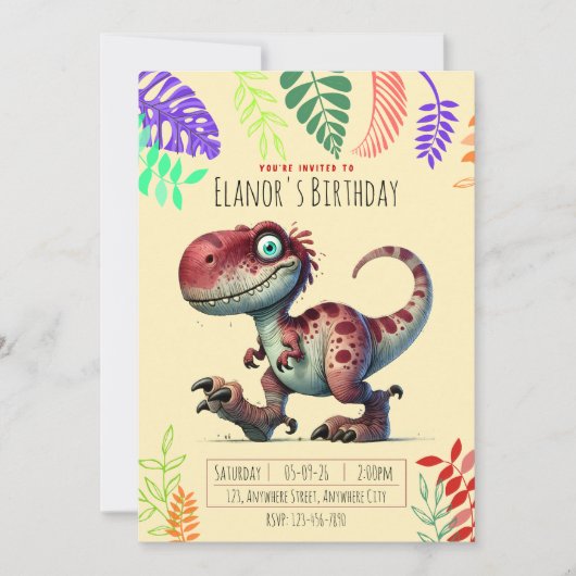 Pink Dinosaur Boys & Girls Birthday Invitation 招待状 (正面)