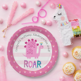 Pink Dinosaur Girl Kindergarten Graduation Playful ペーパープレート