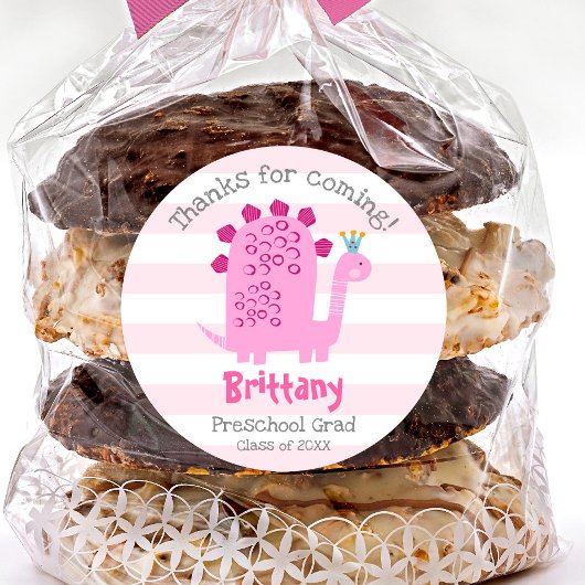 Pink Dinosaur Girl Preschool Graduation Thank You ラウンドシール