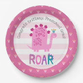 Pink Dinosaur Girl Preschool Graduation Whimsical ペーパープレート (正面)