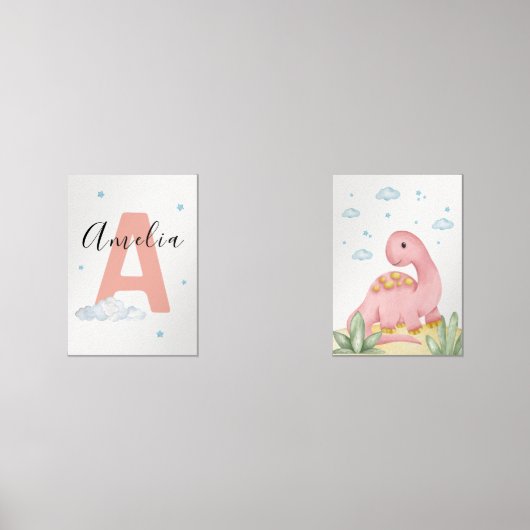 Pink Dinosaur Nursery Wall Art Set of 2 Print Set (正面)