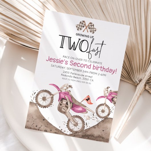 Pink Dirt Bike 2nd birthday - Growing up two fast 招待状
