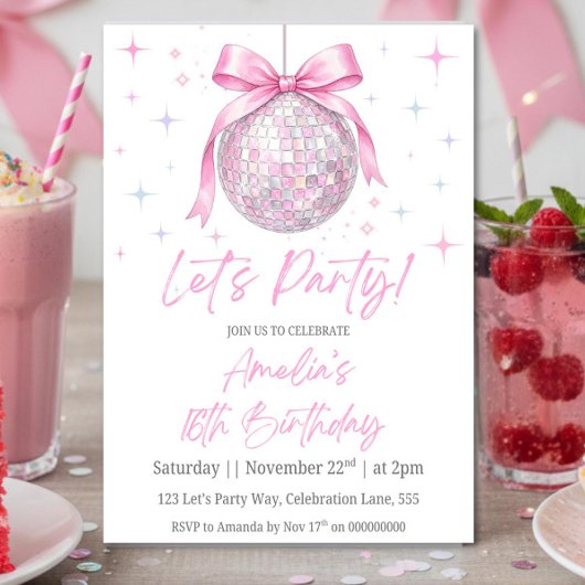Pink Disco Ball Birthday Invitation, Pink Coquette 招待状