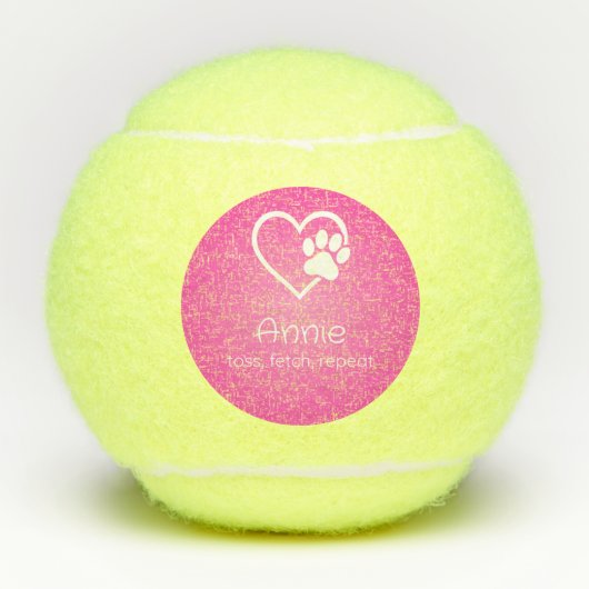 Pink Dog Name Tennis Ball 'toss, fetch, repeat' テニスボール (正面)