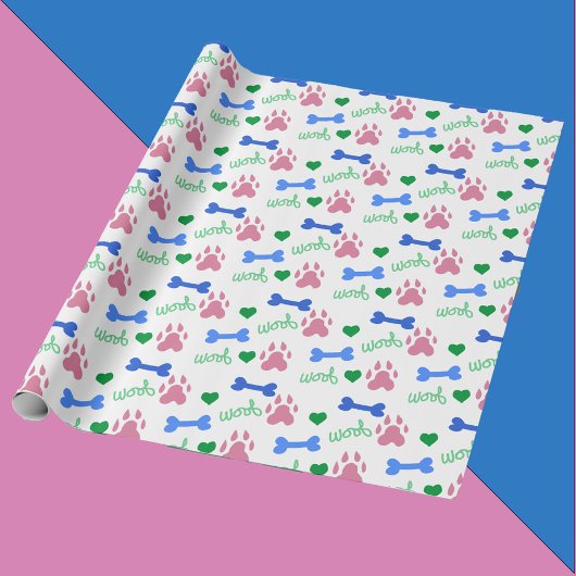 Pink Dog Paws Blue Bones Green Hearts Woof Pattern ラッピングペーパー