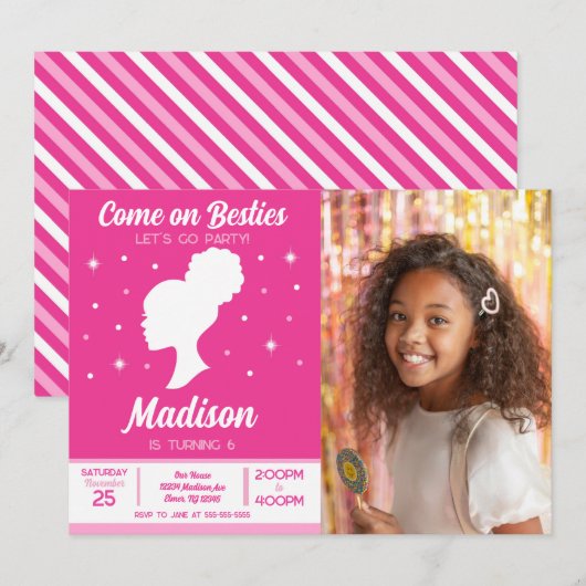 Pink Doll Besties Fashion Party Photo Birthday 招待状 (正面/裏面)