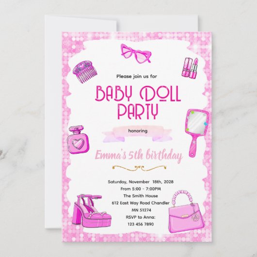 Pink doll party invitation 招待状 (正面)