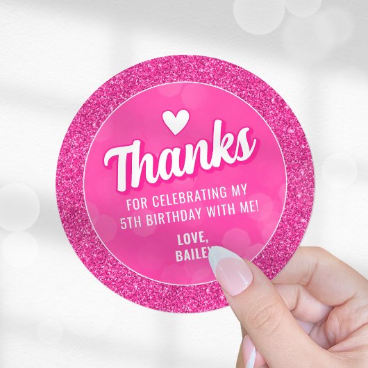 Pink Doll Sticker, Glitter Girl Birthday Thank You ラウンドシール