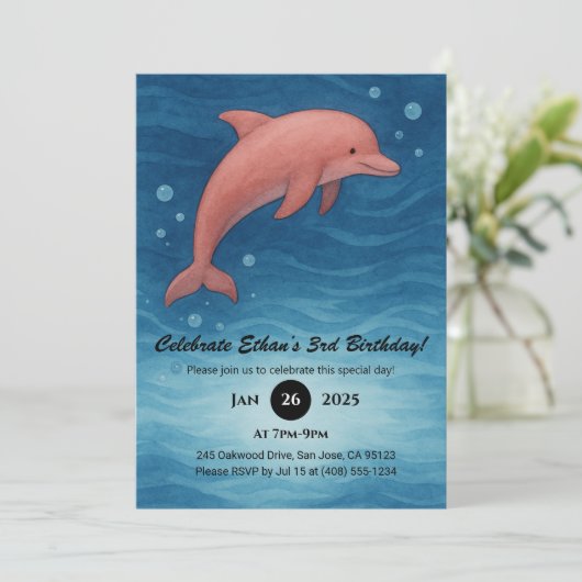 Pink Dolphin & Deep Blue Ocean Waves Birthday  招待状 (スタンド正面)