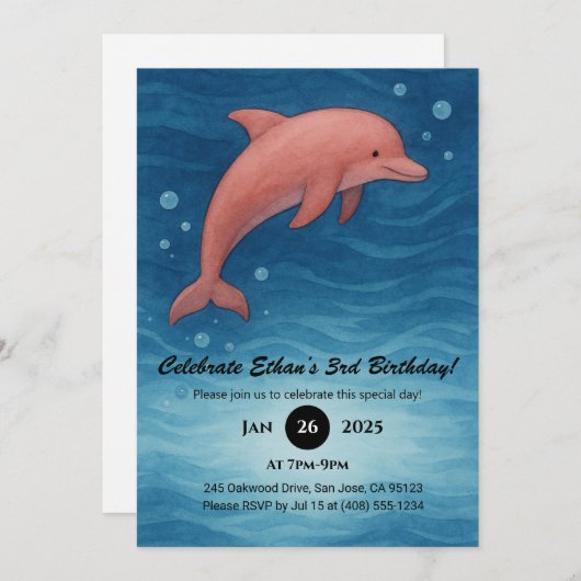 Pink Dolphin & Deep Blue Ocean Waves Birthday  招待状 (正面/裏面)