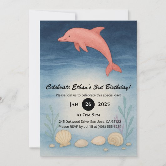 Pink Dolphin & Seafloor Shells Birthday  招待状 (正面)