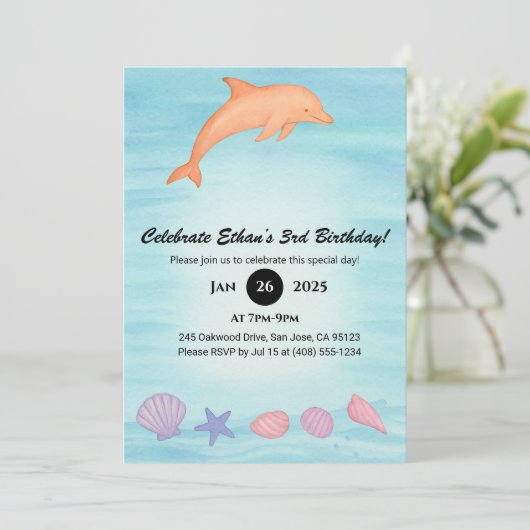 Pink Dolphin & Seashell Beach Birthday  招待状 (スタンド正面)