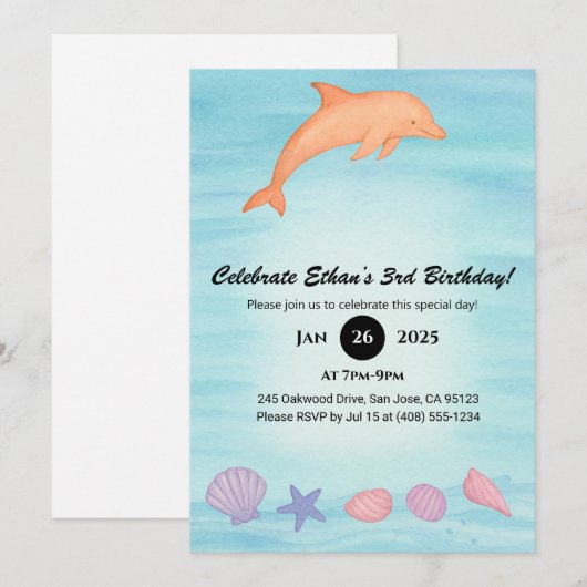 Pink Dolphin & Seashell Beach Birthday  招待状 (正面/裏面)