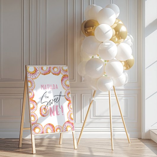 Pink donut 1st birthday party welcome sign ポスター
