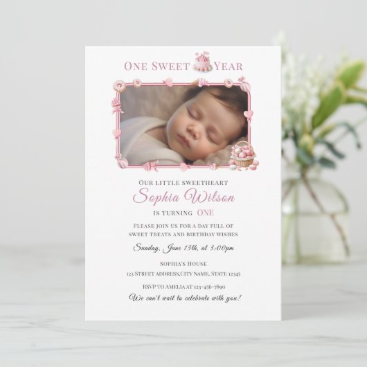 Pink Donut & Candy Theme Birthday Invite 招待状 (スタンド正面)