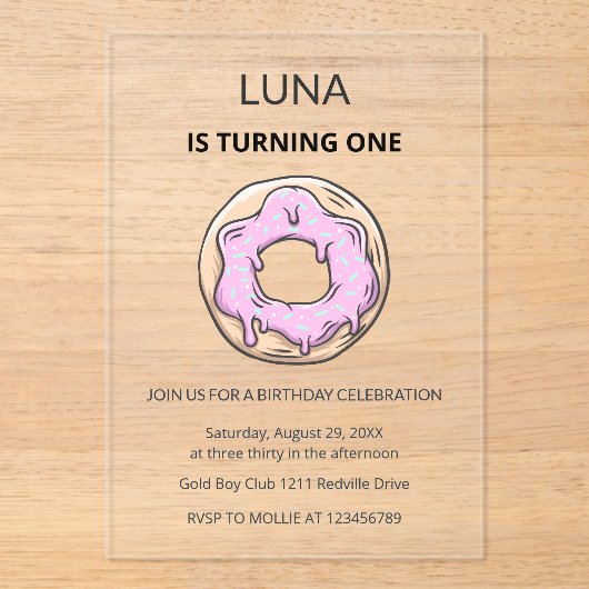 Pink Donut Cute Girl 1st Birthday Party アクリル招待状 (正面)