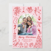 Pink Doodle Year in Review Card Family Newsletter シーズンカード (正面)