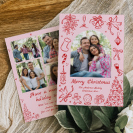 Pink Doodle Year in Review Card Family Newsletter シーズンカード