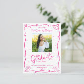 Pink Doodles Graduation Save the Date Photo White インビテーションポストカード (スタンド正面)