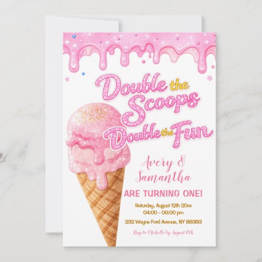 Pink Double the Scoops Birthday Glitter Sparkle 招待状 (正面)