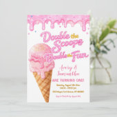 Pink Double the Scoops Birthday Glitter Sparkle 招待状 (スタンド正面)