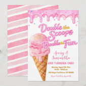 Pink Double the Scoops Birthday Glitter Sparkle 招待状 (正面/裏面)