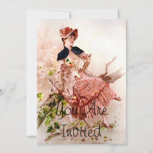 Pink Dress美しいヴィンテージの女性 招待状 (正面)