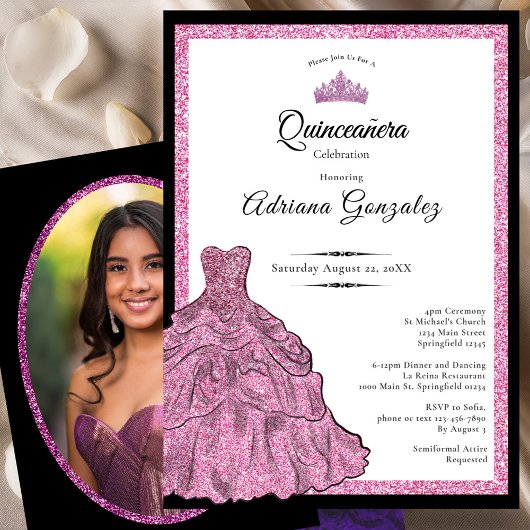 Pink Dress and Tiara Custom Photo Quinceanera 招待状