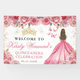 Pink Dress Blonde Princess Floral Quinceanera 横断幕
