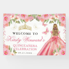Pink Dress Blonde Princess Floral Quinceanera 横断幕