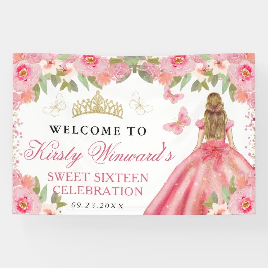 Pink Dress Blonde Princess Floral Sweet 16 横断幕 (横)