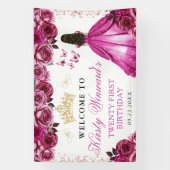 Pink Dress Brunette Princess Floral Birthday 横断幕 (縦)