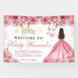 Pink Dress Brunette Princess Floral Quinceanera 横断幕