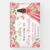Pink Dress Brunette Princess Floral Sweet 16 横断幕 (縦)