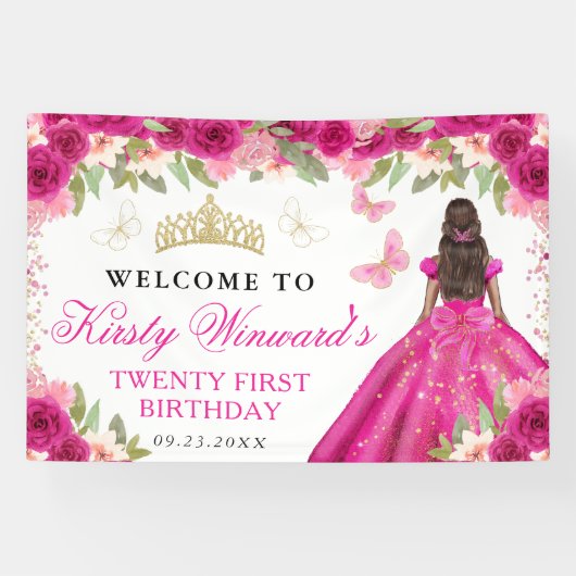 Pink Dress Dark Skin Princess Floral Birthday 横断幕 (横)