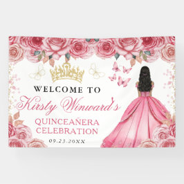 Pink Dress Dark Skin Princess Floral Quinceanera 横断幕