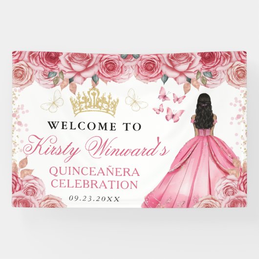 Pink Dress Dark Skin Princess Floral Quinceanera 横断幕 (横)