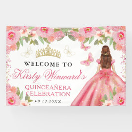 Pink Dress Red Hair Princess Floral Quinceanera 横断幕