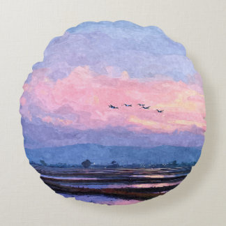 Pink Dusk Flight Watercolor Landscape Pillow ラウンドクッション